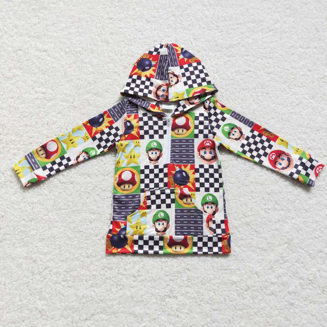 BT0311 Black plaid super game print boys hoodie zipper tee shirt top