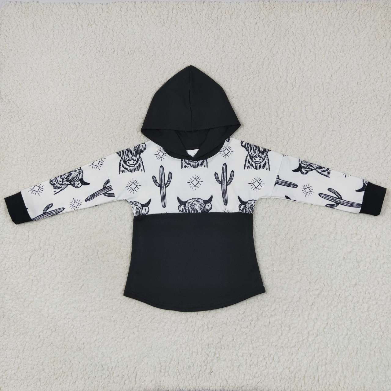 BT0318 Black highland cow print kids western hoodie tee shirts top