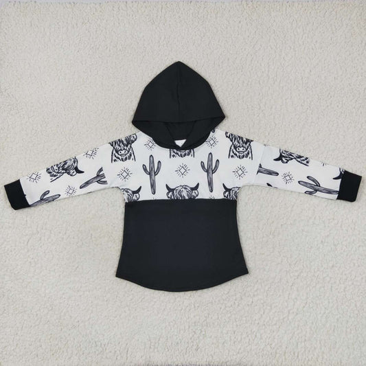 BT0318 Black highland cow print kids western hoodie tee shirts top