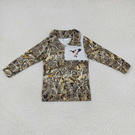 USA-Shop BT0332  Green camo duck print boys go hunting pullover zipper tee shirt top