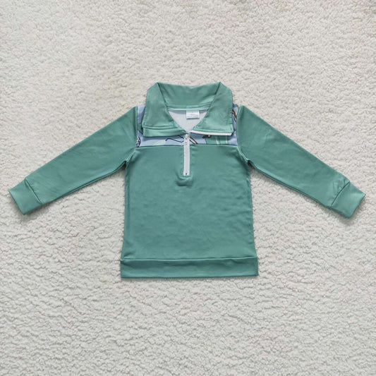(Promotion)BT0335  Go fishing print boys pullover zipper tee shirt top