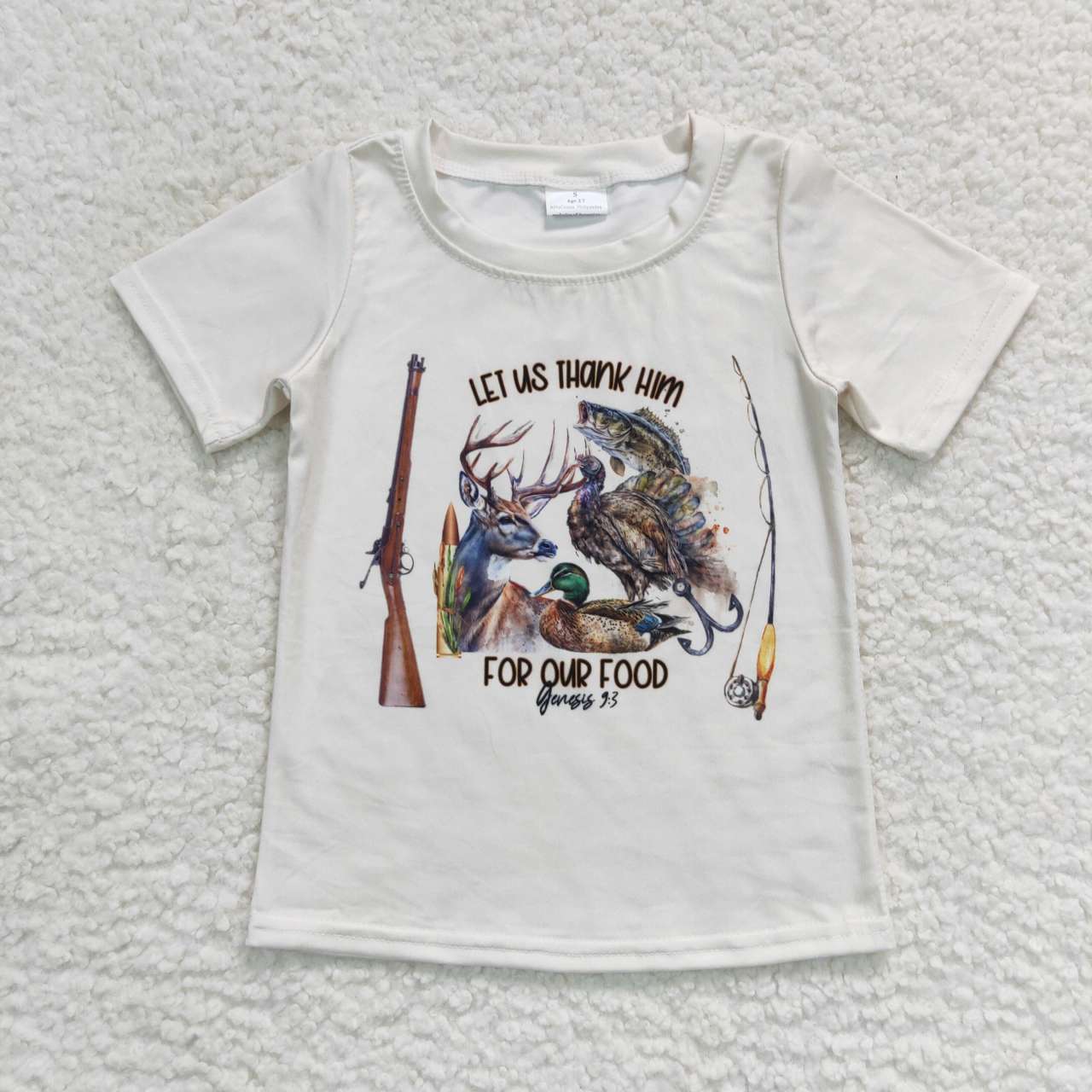 BT0340 Let us thank him for our food shell print boys tee shirts top