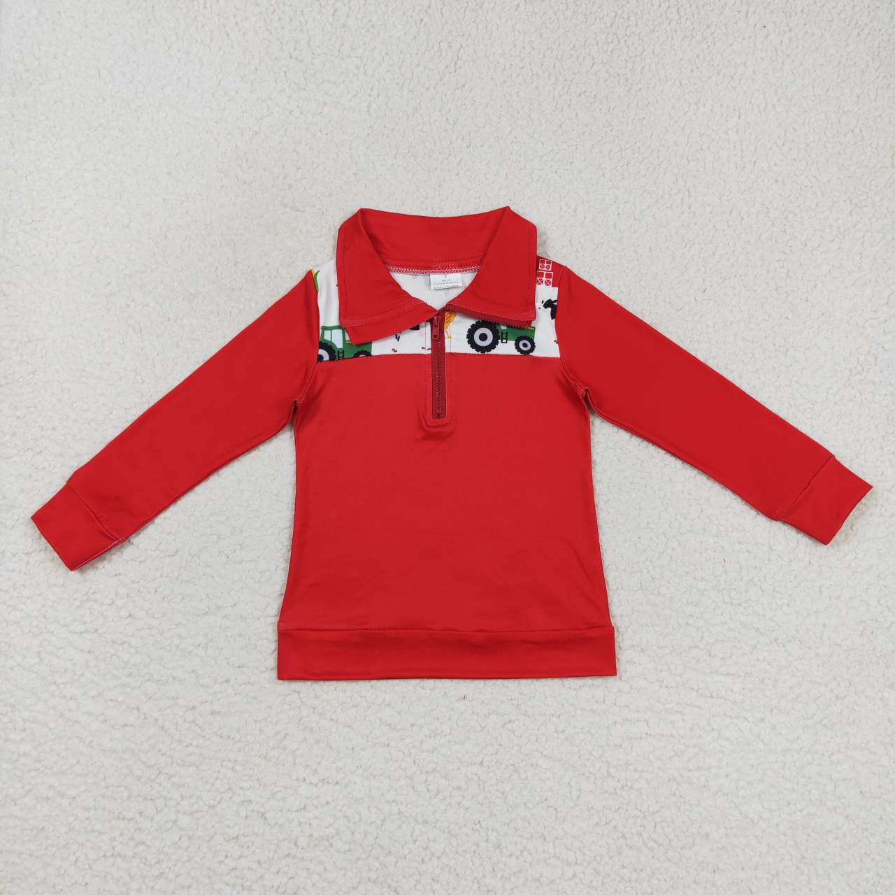 (Promotion)BT0347 Red farm animals print boys pullover zipper tee shirt top