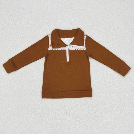 (Promotion)BT0348  Brown cow skull aztec print boys pullover zipper tee shirt top
