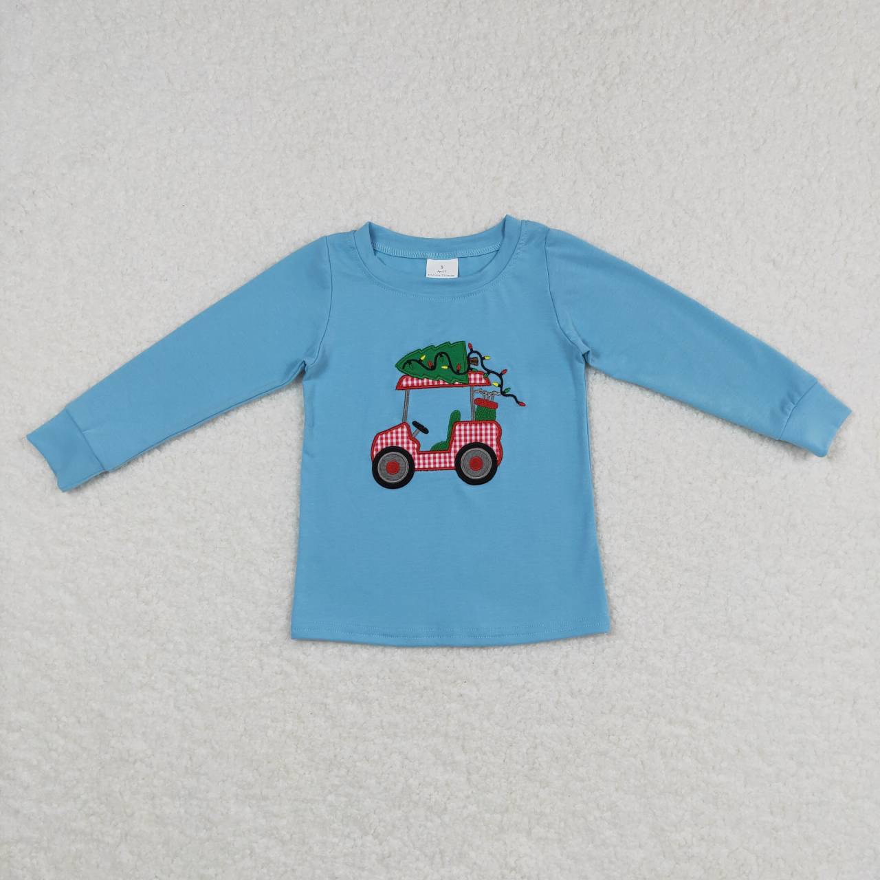 BT0352 Blue Golf Cart With Christmas Tree Embroidery Print Tee Shirts Top