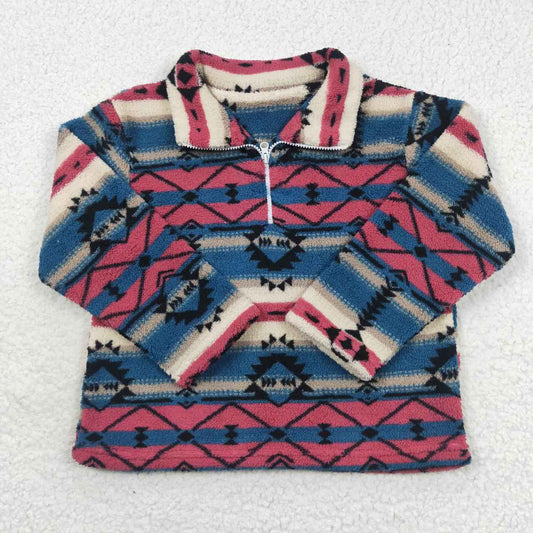 BT0353 Red Blue Aztec Print Zip Winter Thick Pullover Kids Sherpa Western Top