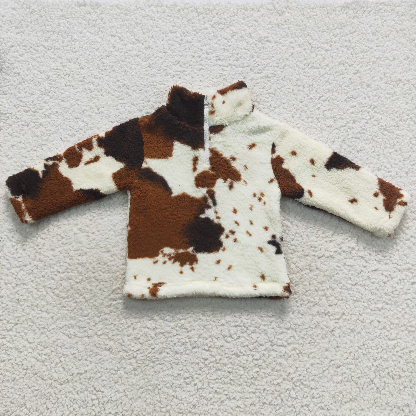 BT0355 Cowhide Print Zip Winter Thick Pullover Kids Sherpa Top