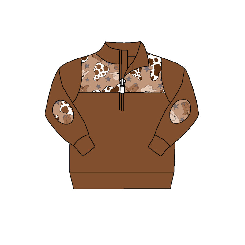 (Pre-order) BT0359 Brown Cow Print boys pullover zip tee shirt top