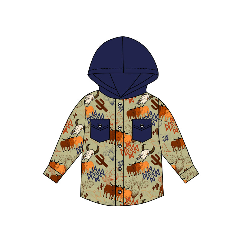 (Pre-order) BT0361 Navy highland cow aztec print boys western hoodie top