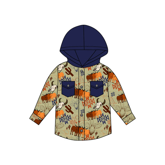 (Pre-order) BT0361 Navy highland cow aztec print boys western hoodie top
