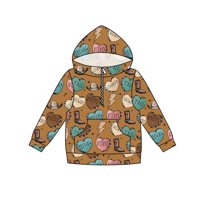 (Pre-order) BT0362 Brown XOXO boots print kids western hoodie top