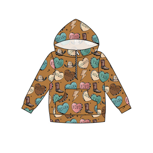 (Pre-order) BT0362 Brown XOXO boots print kids western hoodie top