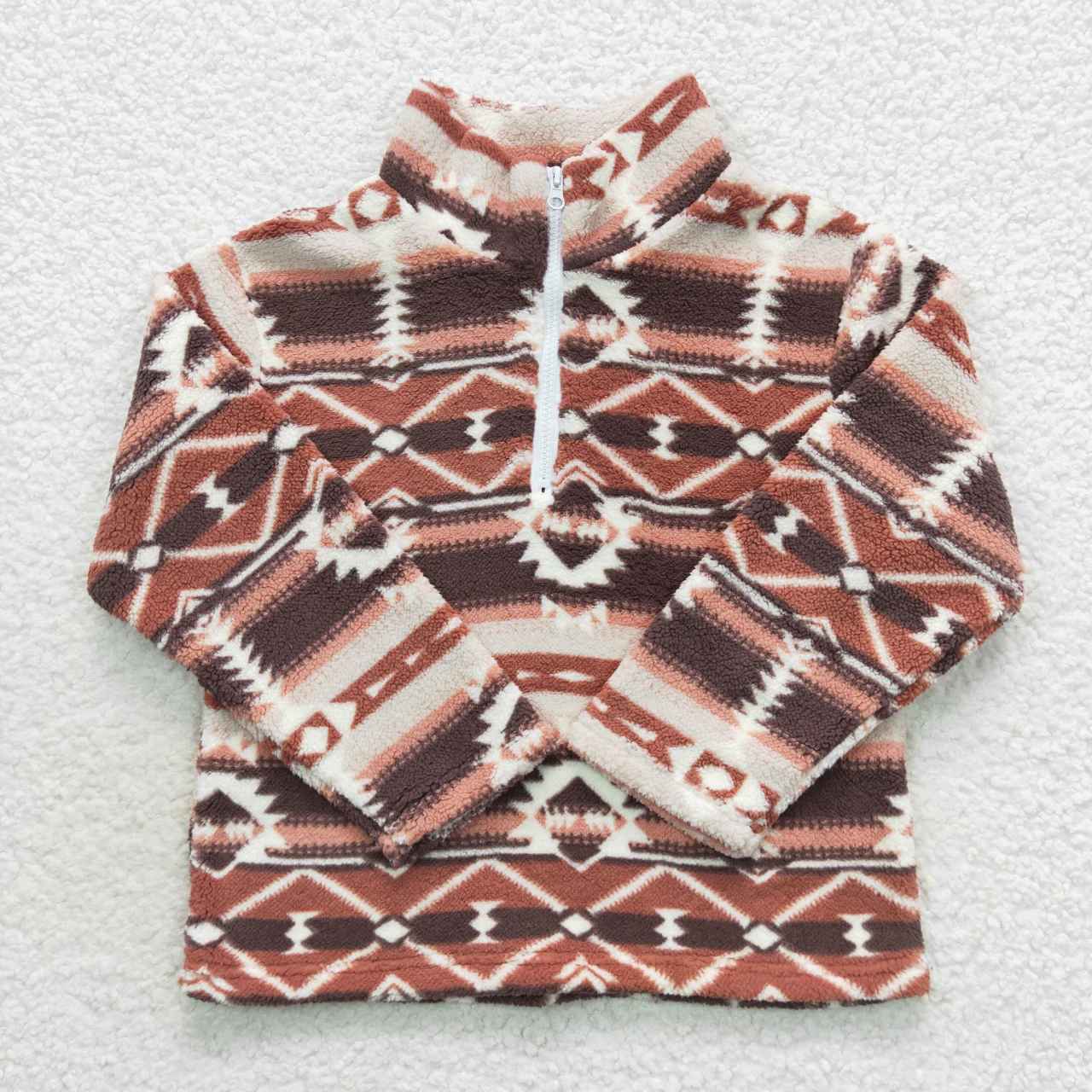 BT0369 Brown Aztec Print Zip Winter Thick Pullover Kids Sherpa Western Top