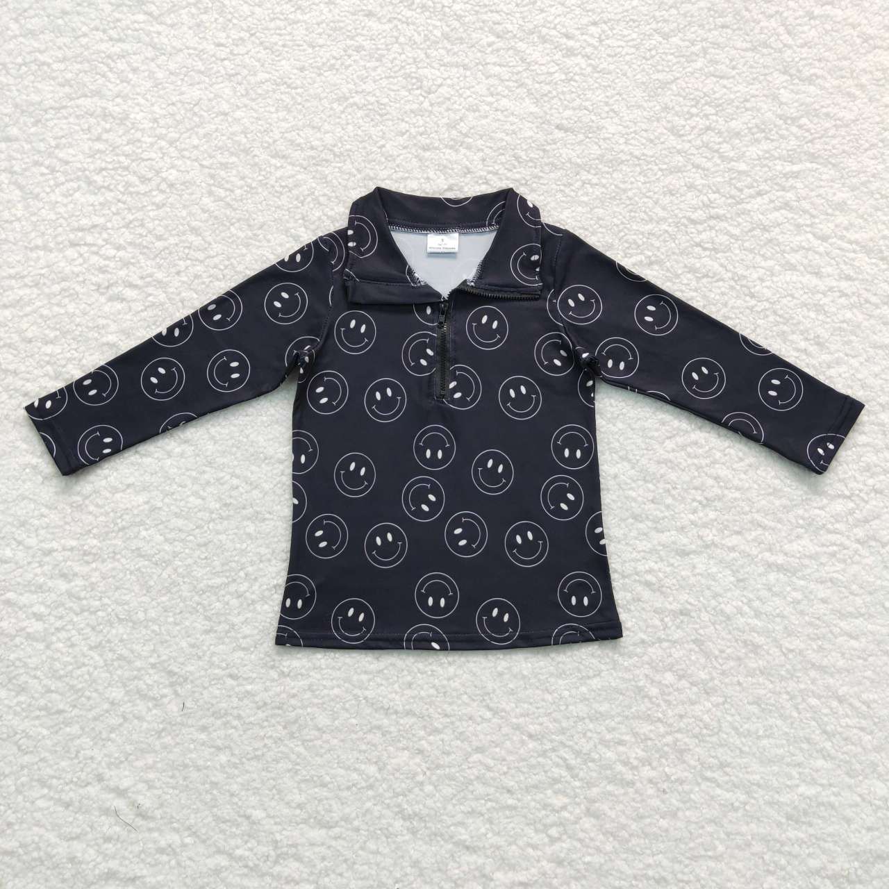 BT0398 Black Smiling Face Print Boys Zipper Pullover Tee Shirt Top