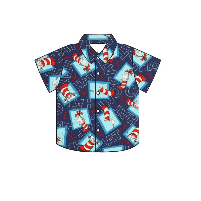 (Pre-order)BT0401 Navy Cartoon Cat Print Boys Button Tee Shirt Top