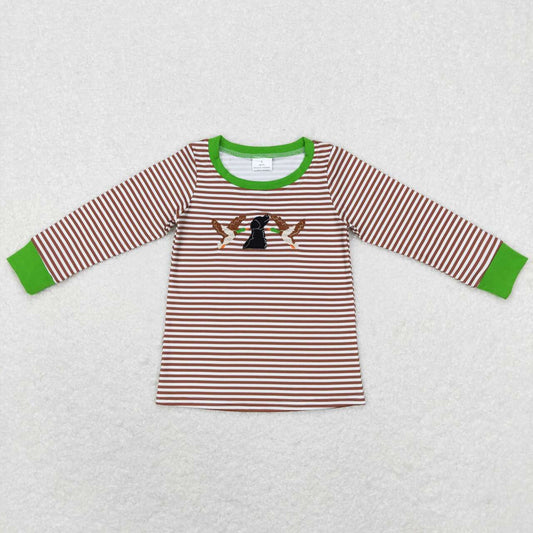BT0419 Duck Dog Embroidery Stripes Print Boys Hunting Tee Shirt Top
