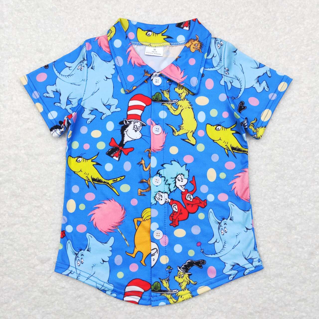 BT0421 Blue Cartoon Cat Dr. Reading Print Boys Button Tee Shirt Top