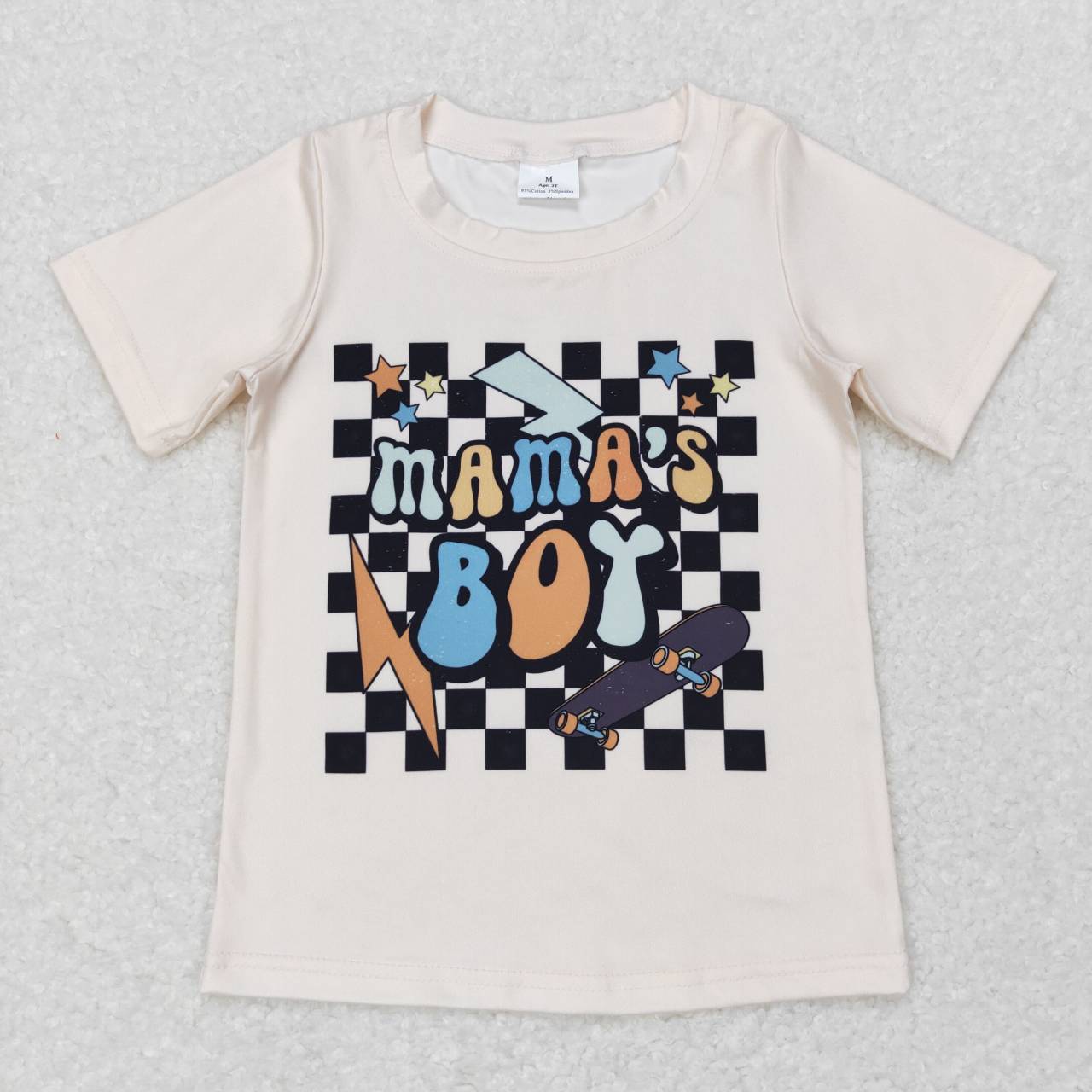 BT0447 Mama's Boy Scooter Flash Black Plaid Print Boys Tee Shirt Top