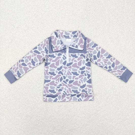 BT0467 Grey Camo Print Boys Zipper Pullover Tee Shirt Top