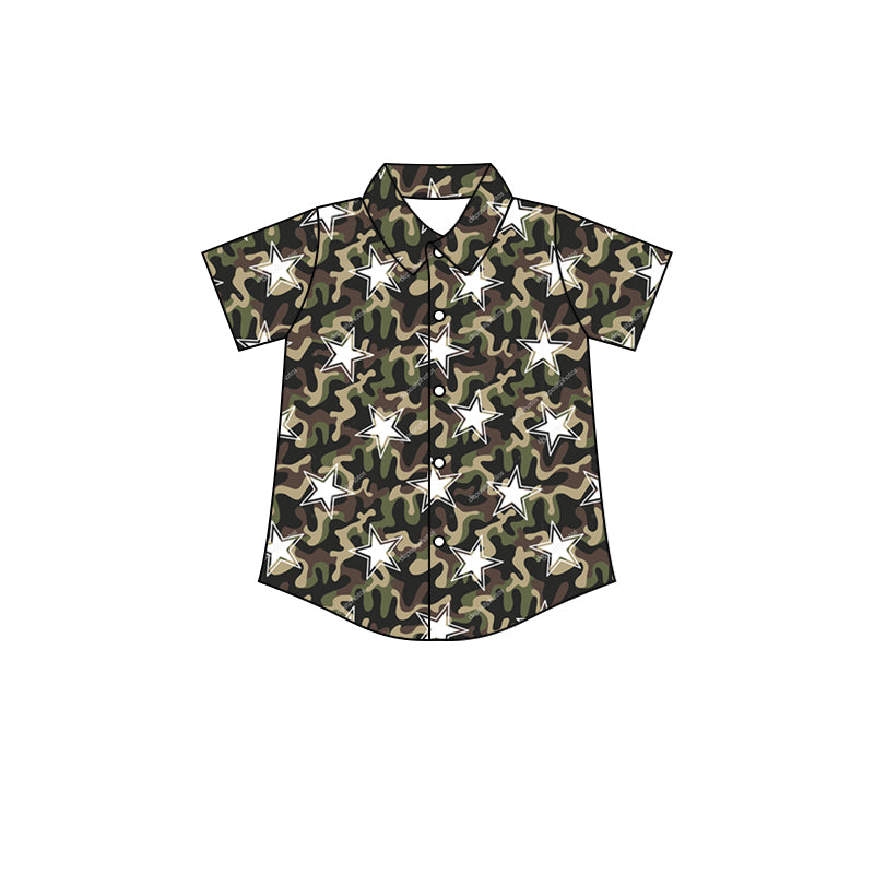 (Pre-order)BT0493 Green Camo Star Print Boys Buutons Tee Shirts Top