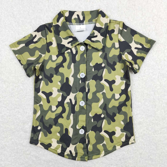 BT0521 Green Camo Print Boys Buttons Tee Shirts Top