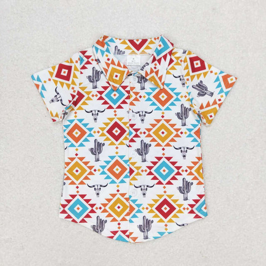 BT0550 Aztec Cow Skull Cactus Boys Summer Western Tee Shirts Top