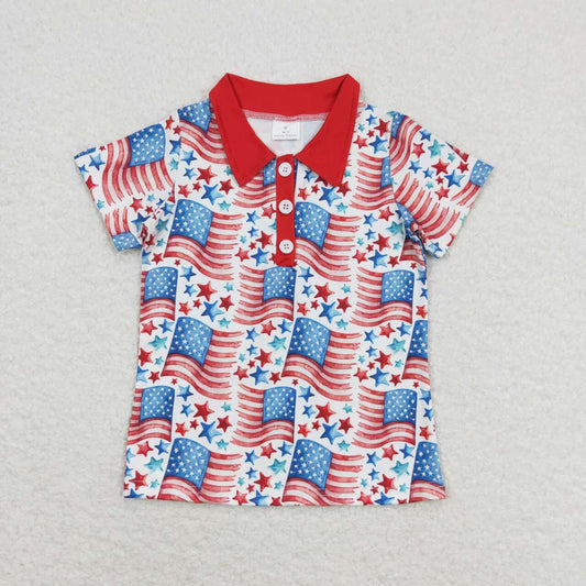 BT0565 Star Flag Print Boys 4th of July Polo Tee Shirts Top
