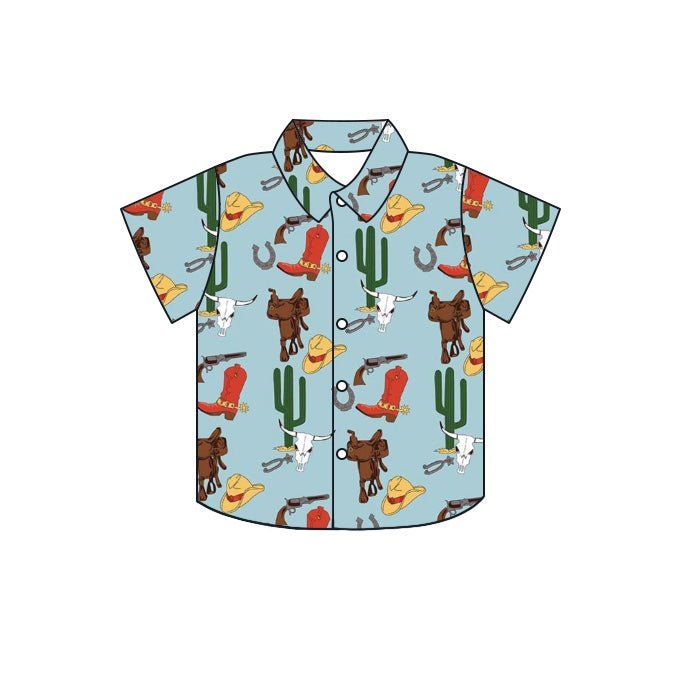 (Pre-order)BT0577 Hat Boots Cactus Cowboy Print Boys Summer Tee Shirts Top