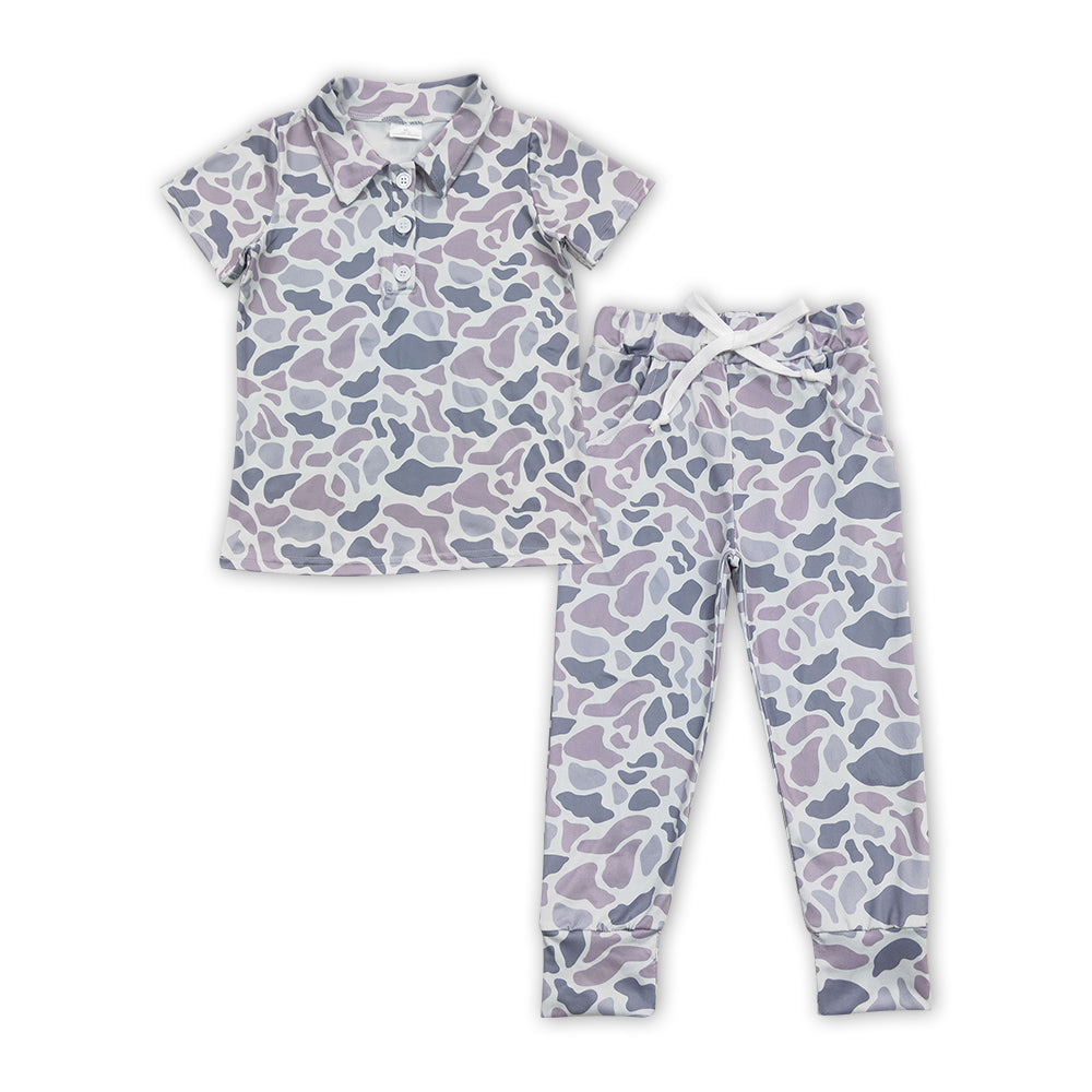 3 Colors Camo Polo Top Pockets Pants Kids Hunting Clothes Set Sibling Wear