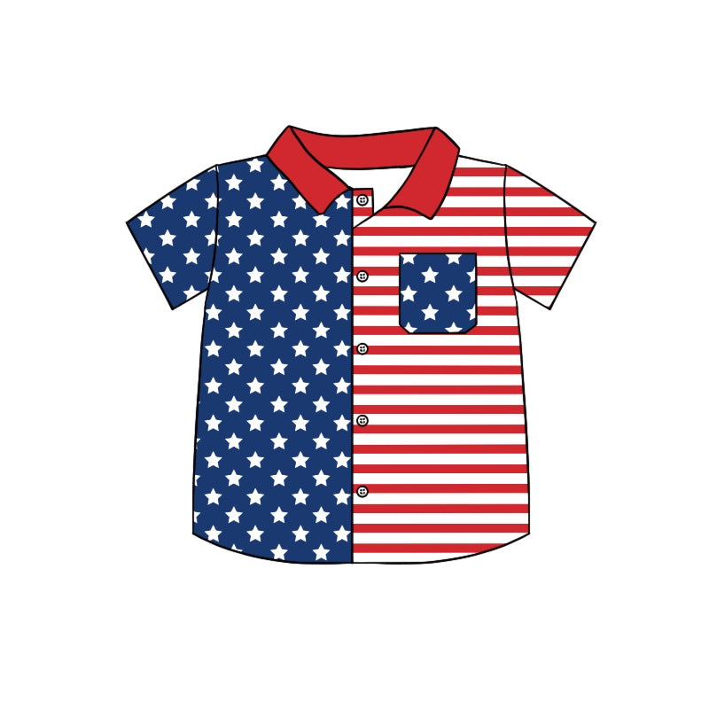 (Pre-order)BT0644 Stars Stripes Print Pocket Boys 4th of July Tee Shirts Top