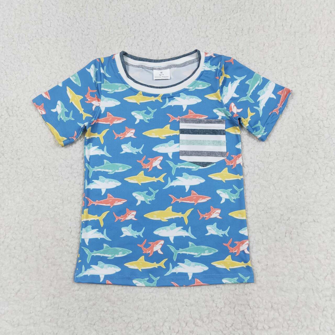 BT0667 Colorful Shark Print Pocket Boys Summer Tee Shirts Top