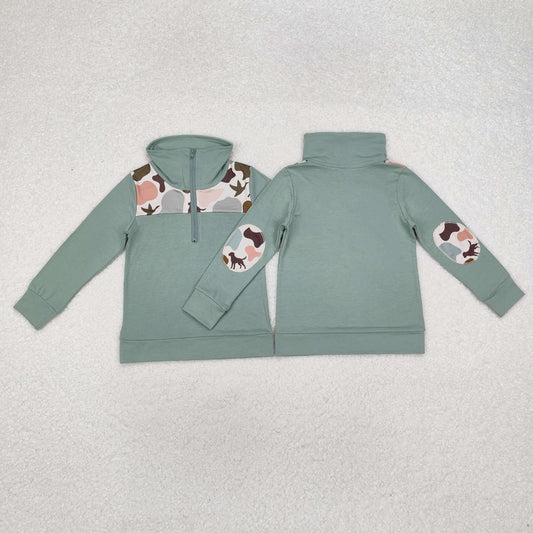 BT0796 Camo Dog Duck Hunting Print Boys Fall Pullover Zipper Tee Shirts Top