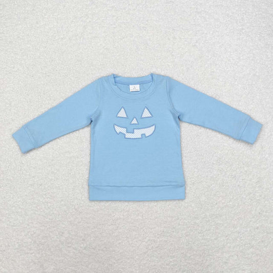 BT0832 Ghost Face Embroidery Blue Color Boys Halloween Tee Shirts Top