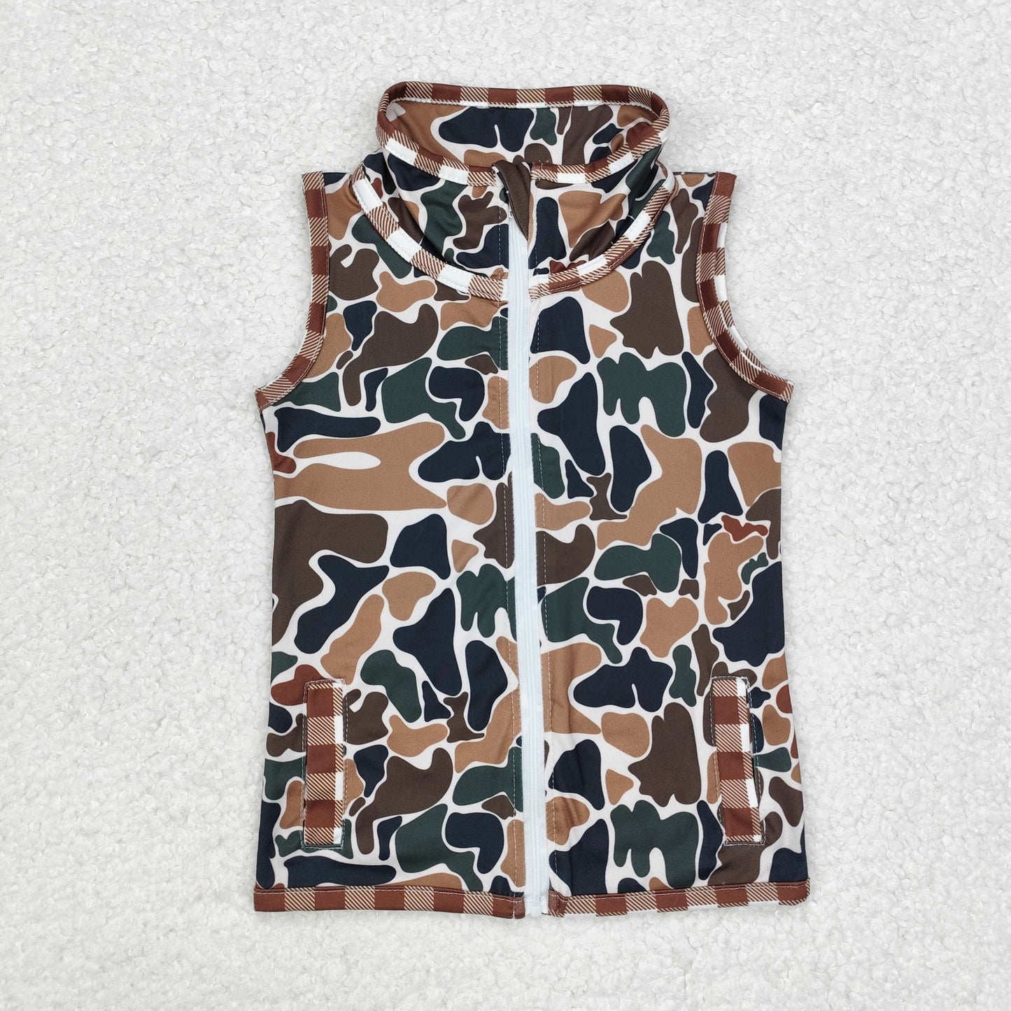 Brown Plaid Camo Print Vest Sibling Matching Clothes