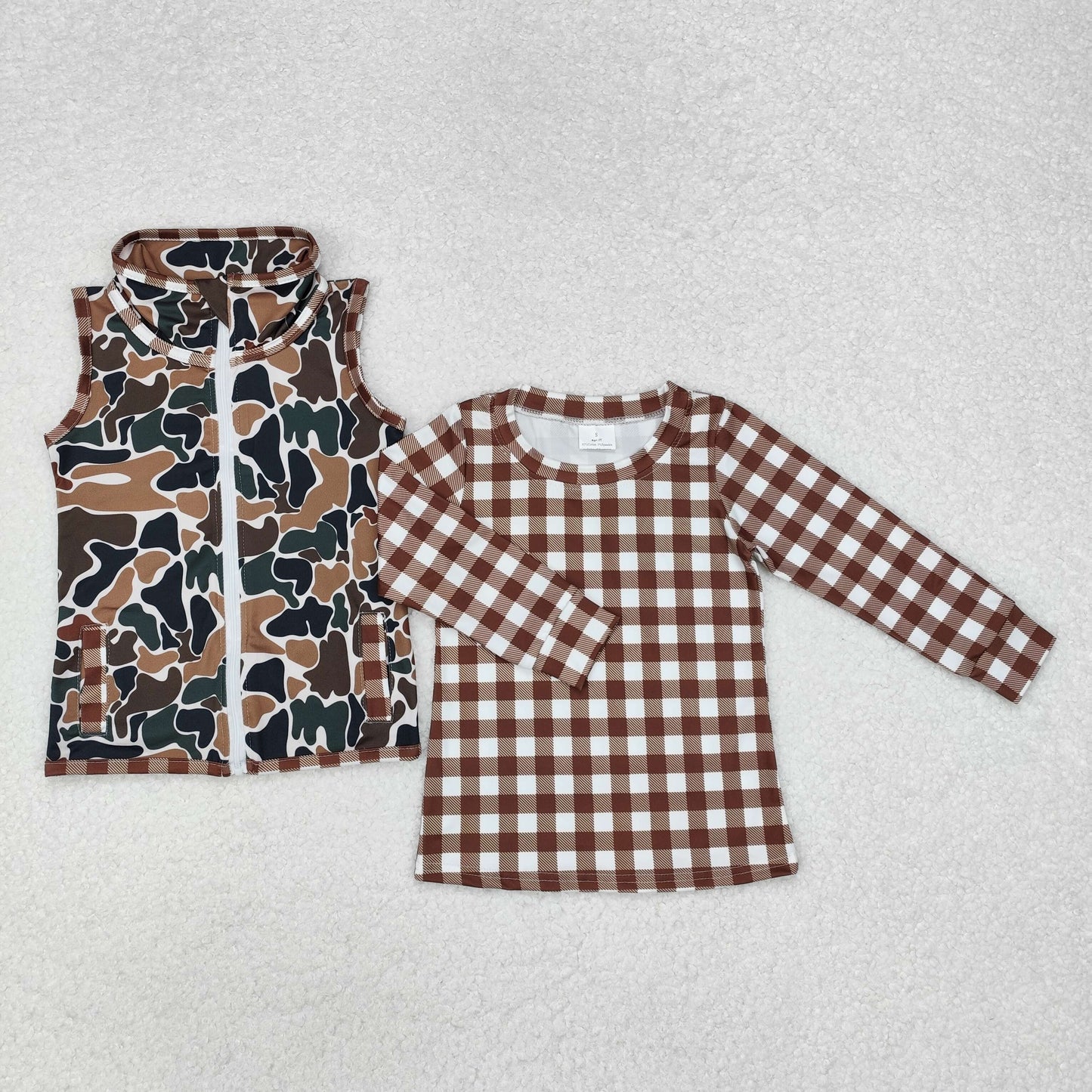 BT0857 Brown Plaid Camo Vest Boys 2 Pieces Tops