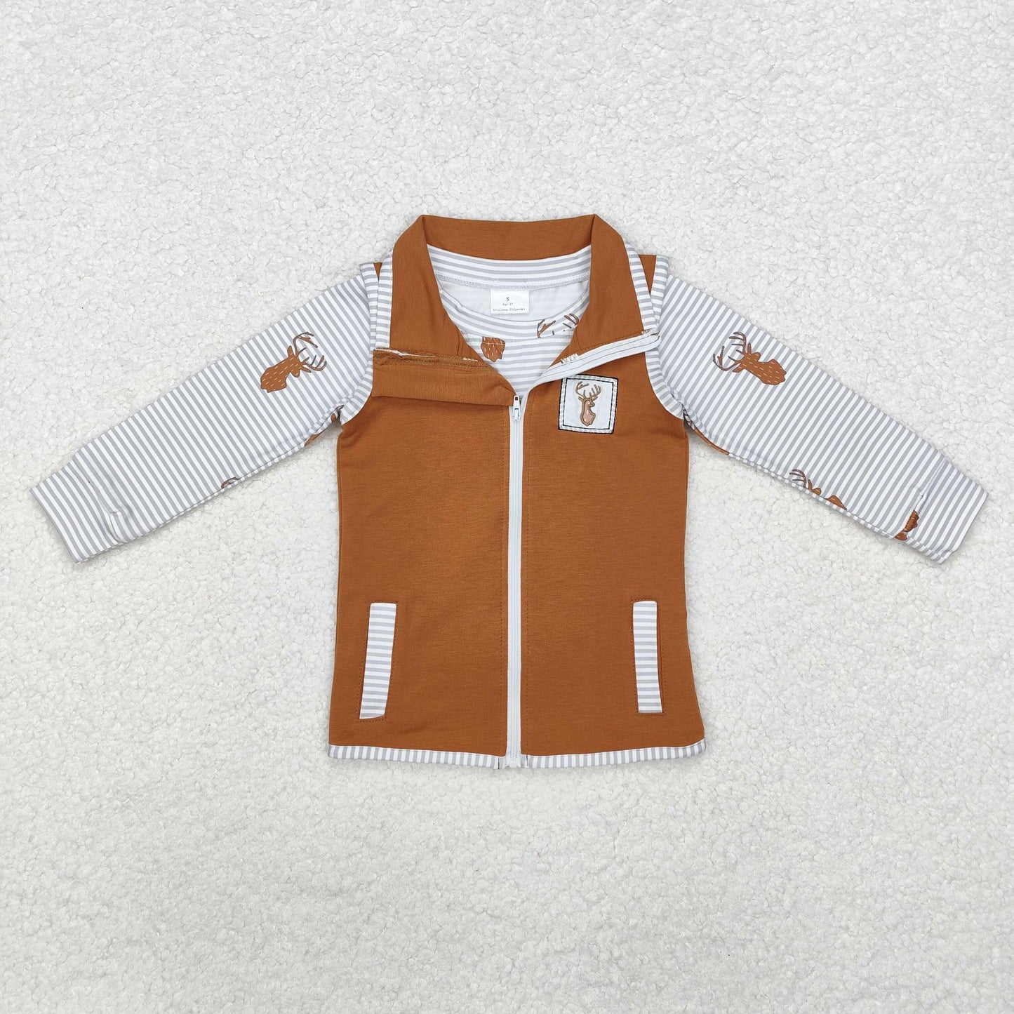 BT0858 Deer Embroidery Brown Vest Boys 2 Pieces Tops