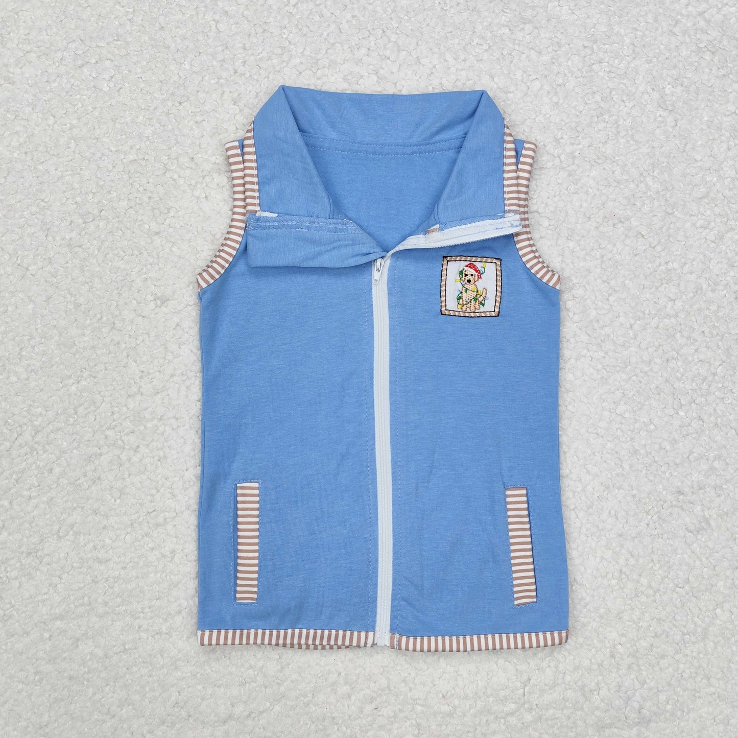 BT0860 Dog Lights Embroidery Stripes Print Blue Color Kids Zipper Jacket Christmas Vest Tops