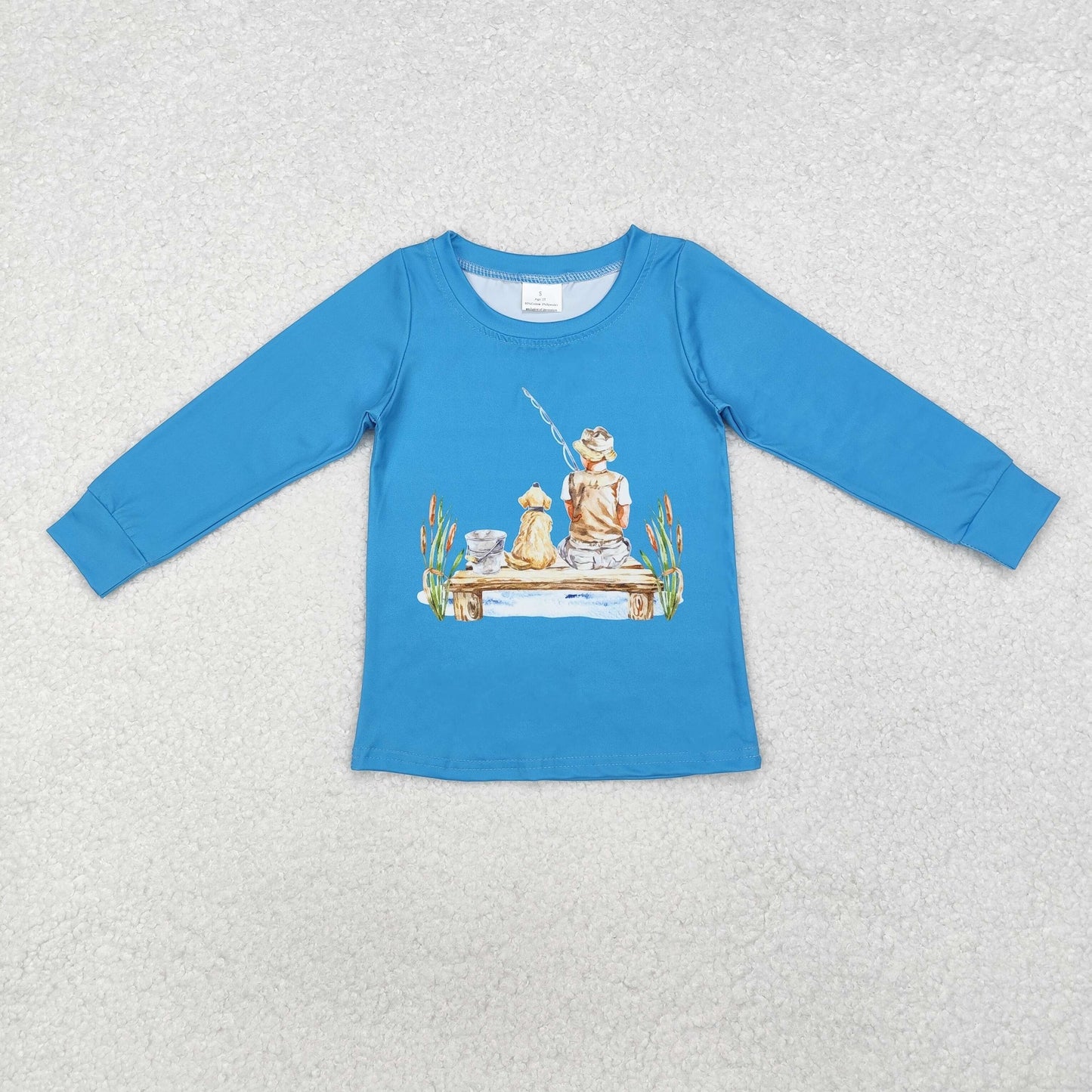 BT0895 Dog Fishing Blue Print Boys Tee Shirts Top