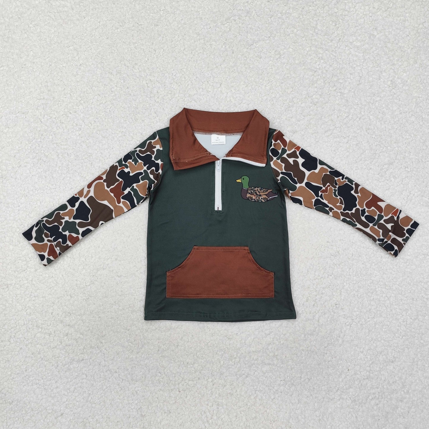 BT0927 Dark Green Camo Duck Print Boys Pocket Zipper Pullover Top
