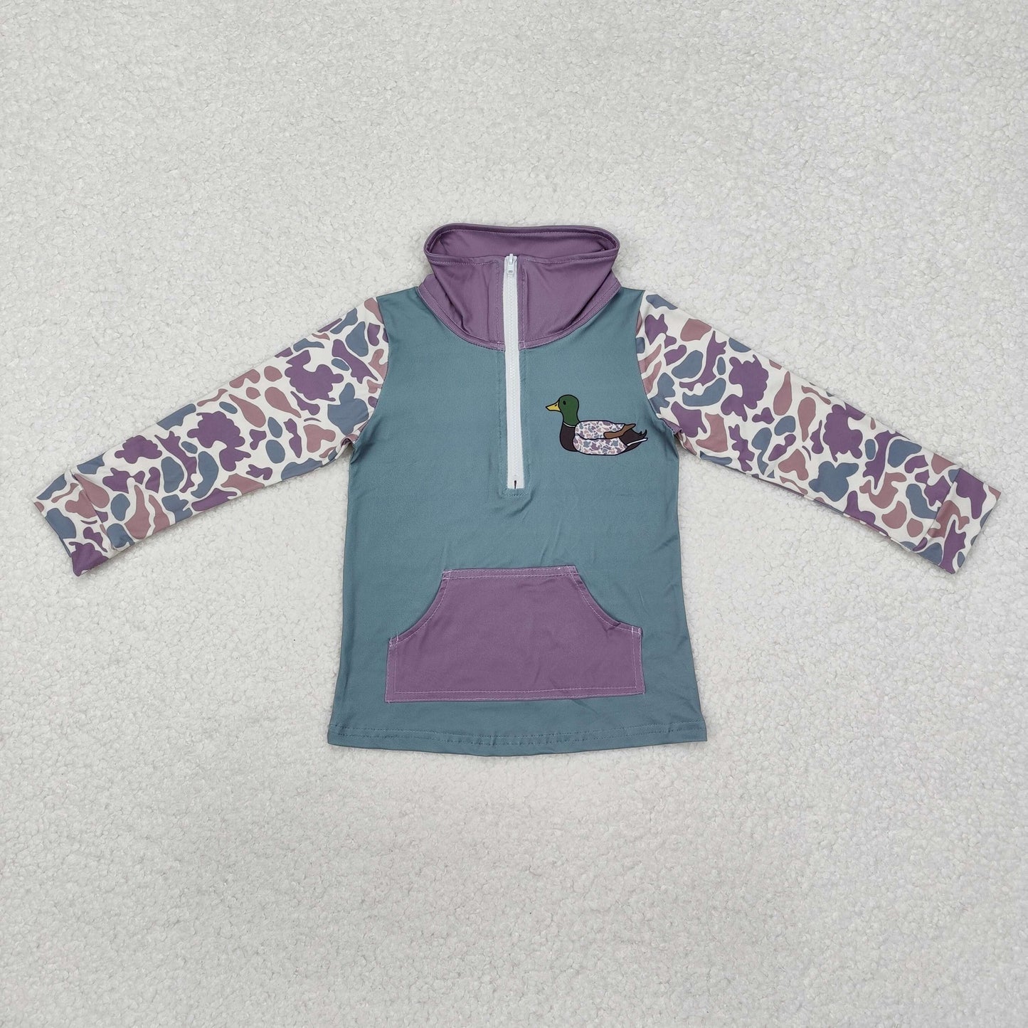 BT0928 Camo Duck Print Boys Pocket Zipper Pullover Top