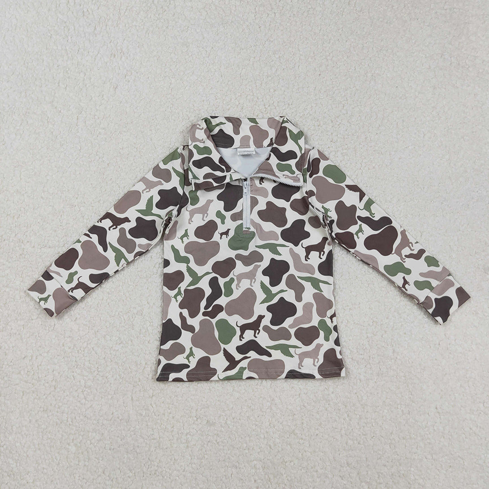 5 Colors Camo Print Boys Hunting Zipper Pullover Tee Shirts Top Brothers Wear