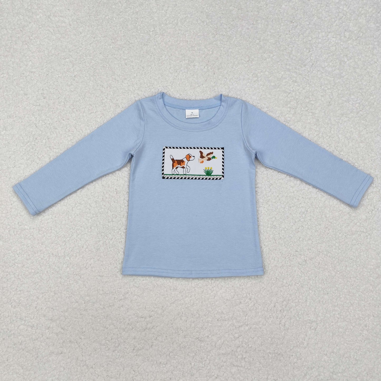 BT1007 Dog Duck Embroidery Blue Color Boy Fall Hunting Tee Shirts Top