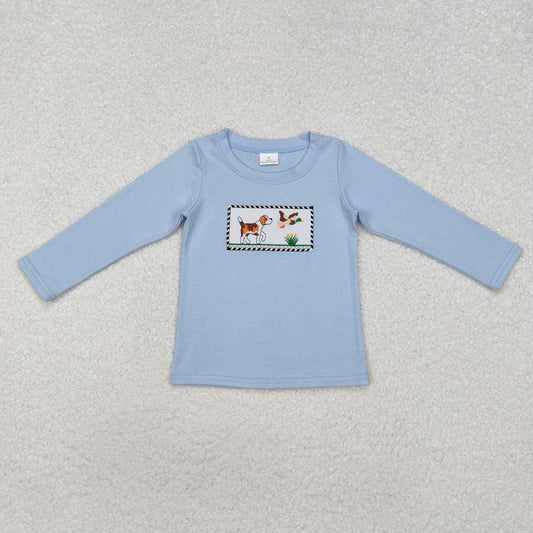 BT1007 Dog Duck Embroidery Blue Color Boy Fall Hunting Tee Shirts Top
