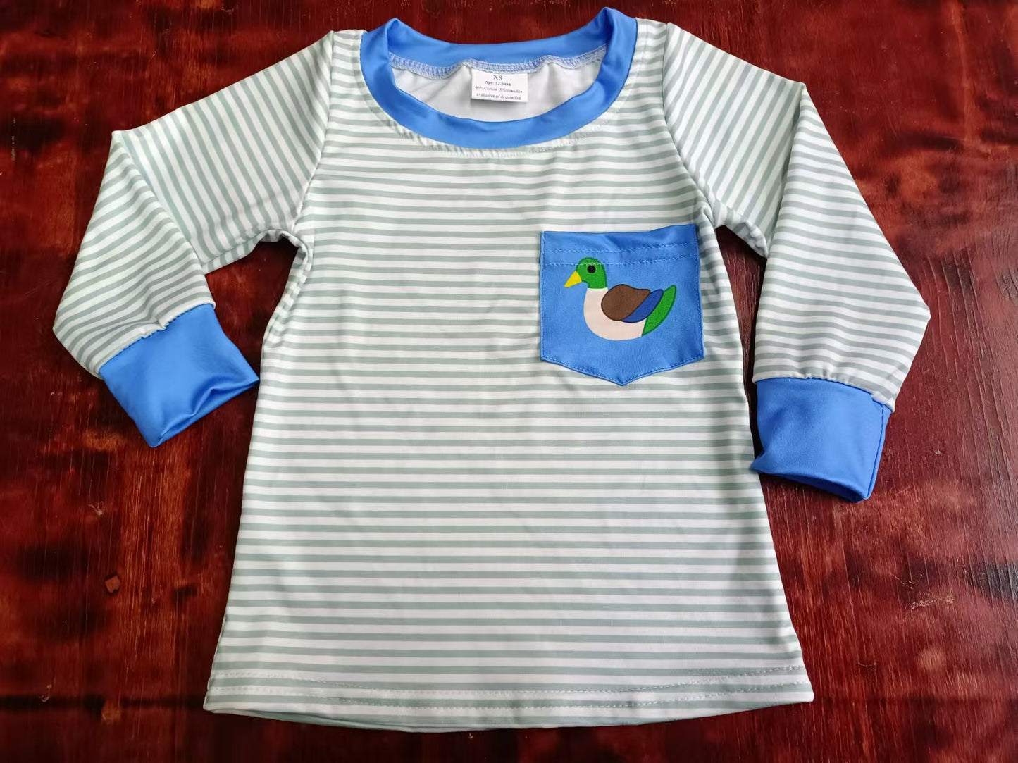 (Custom Design Preorder MOQ 3 ) Stripes Print Duck Pocket Boys Tee Shirts Top