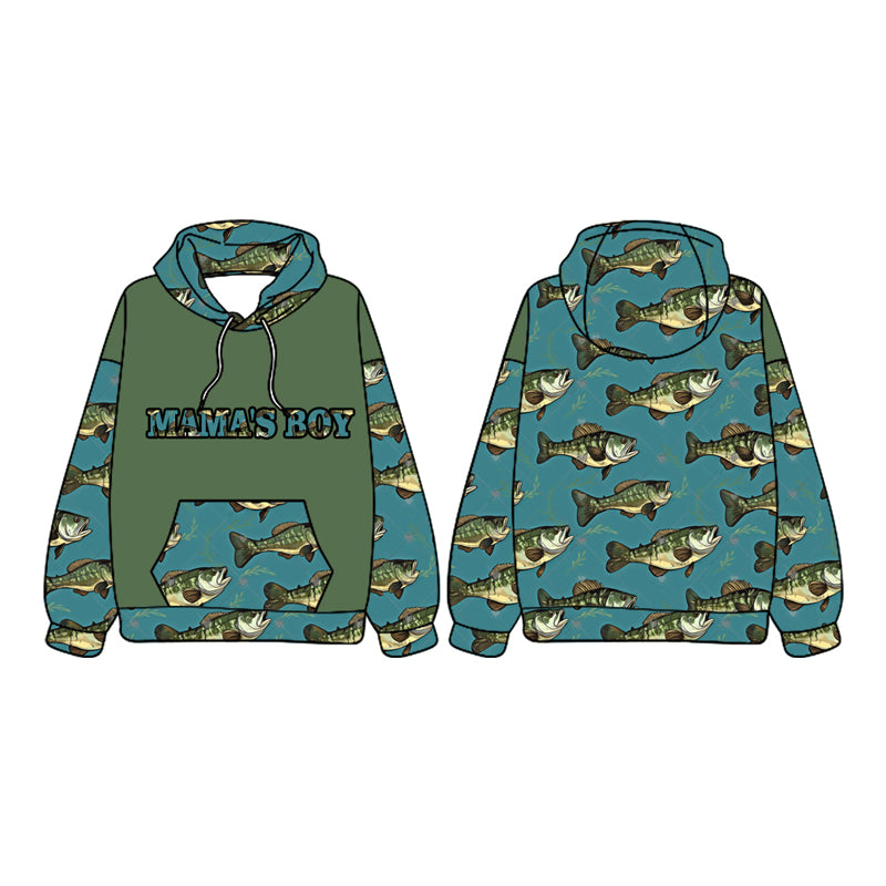 (Pre-order)BT1025 MAMA's Boy Fish Green Print Boys Fall Hoodie Top