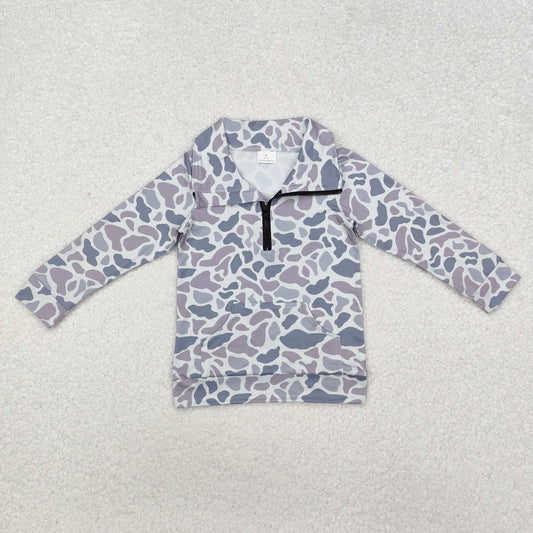 BT1041 Gray Camo Print Boys Zipper Pullover Top