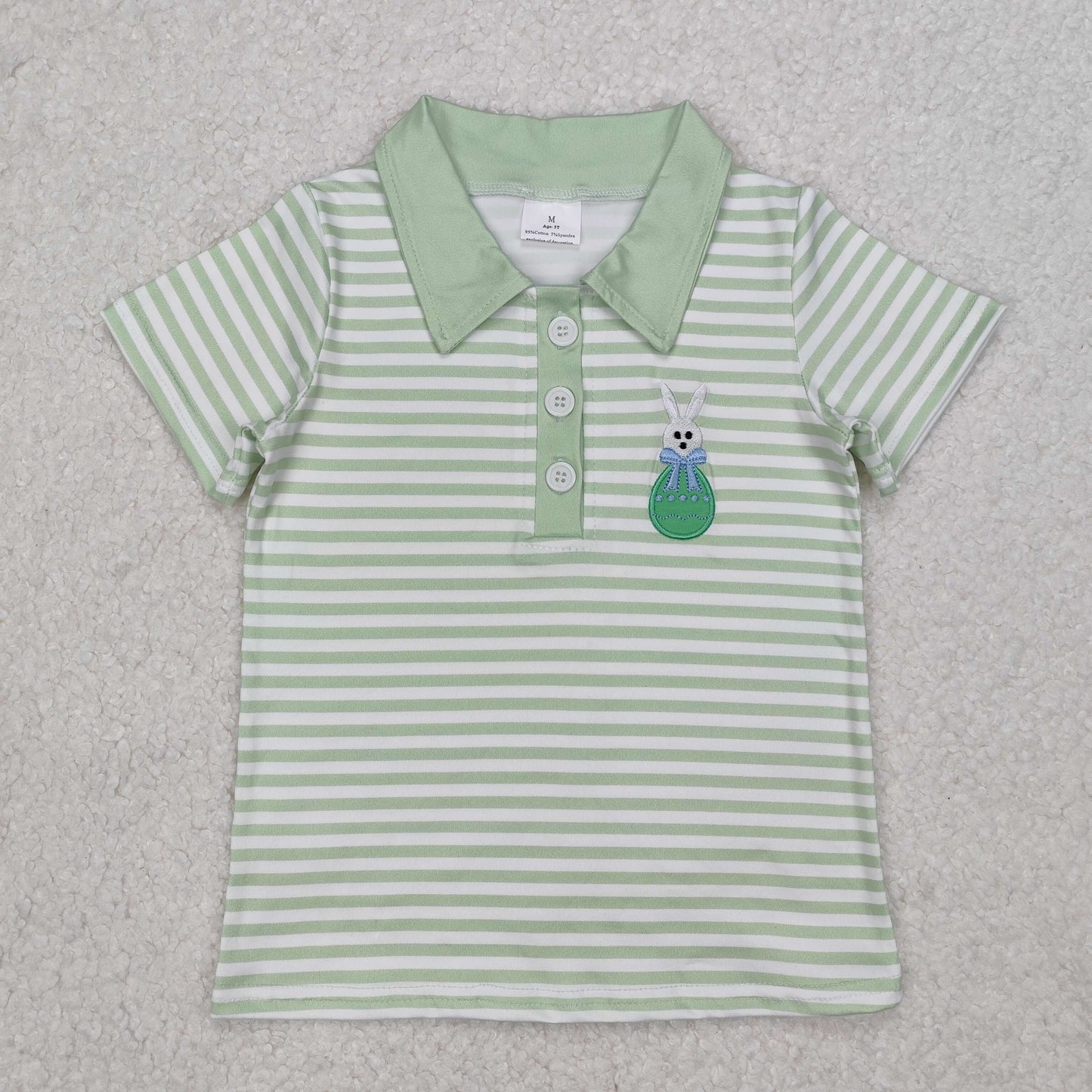 BT1046 Egg Bunny Embroidery Green Stripes Print Boys Easter Polo Tee Shirts Top