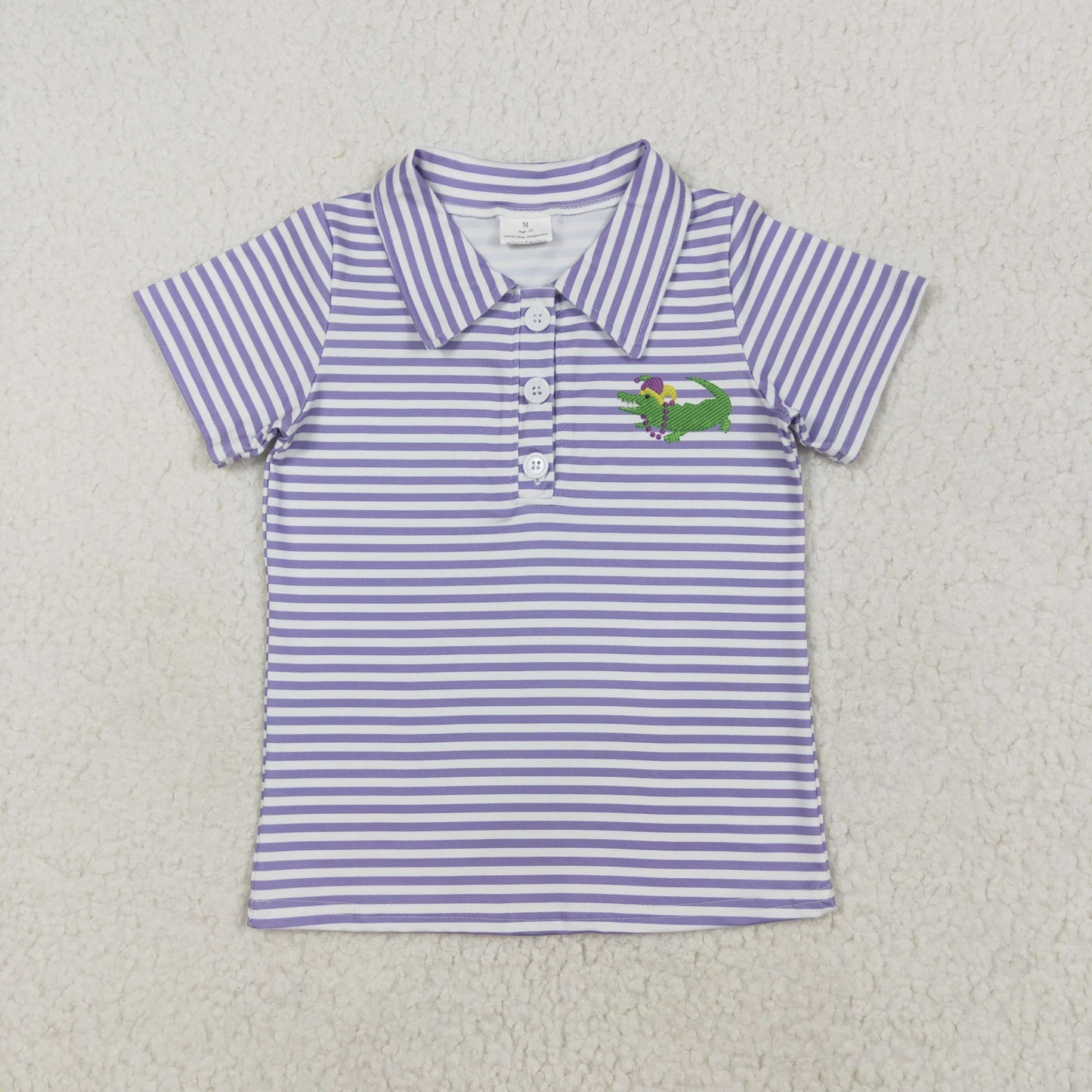 BT1092 Crocodile Purple Stripes Print Boys Mardi Gras Polo Tee Shirts Top