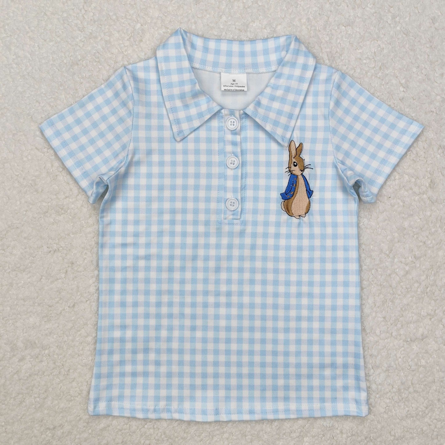 BT1095 Bunny Embroidery Blue Plaid Print Boys Easter Short Sleeve Polo Top