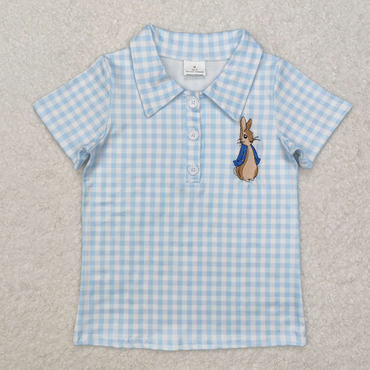 BT1095 Bunny Embroidery Blue Plaid Print Boys Easter Short Sleeve Polo Top